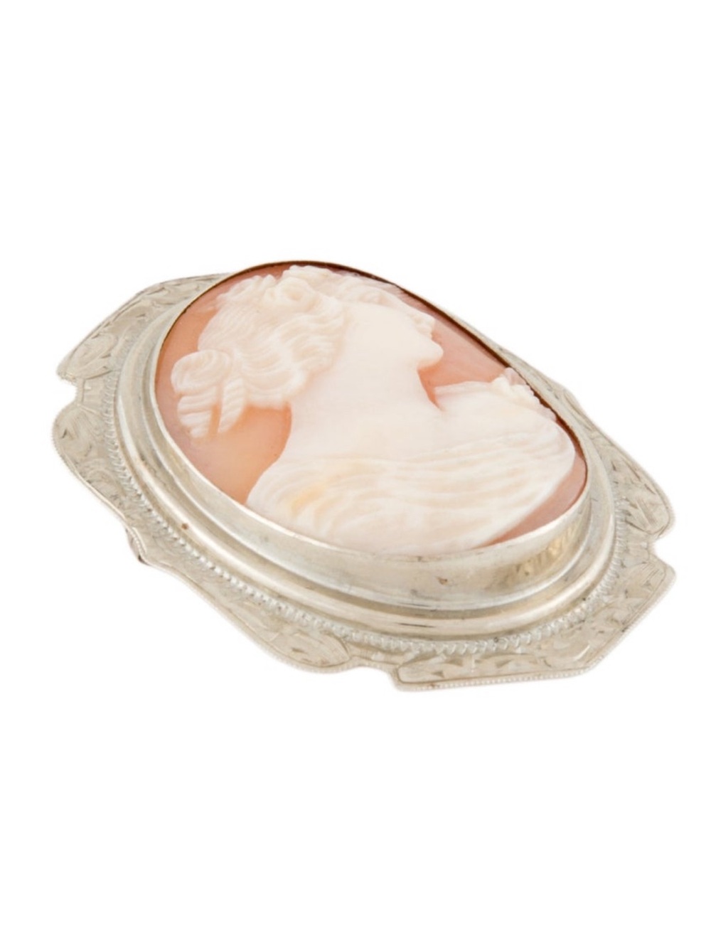 Vintage 14K White Gold & Real Shell Cameo Pin Brooch - Picture 4 of 13